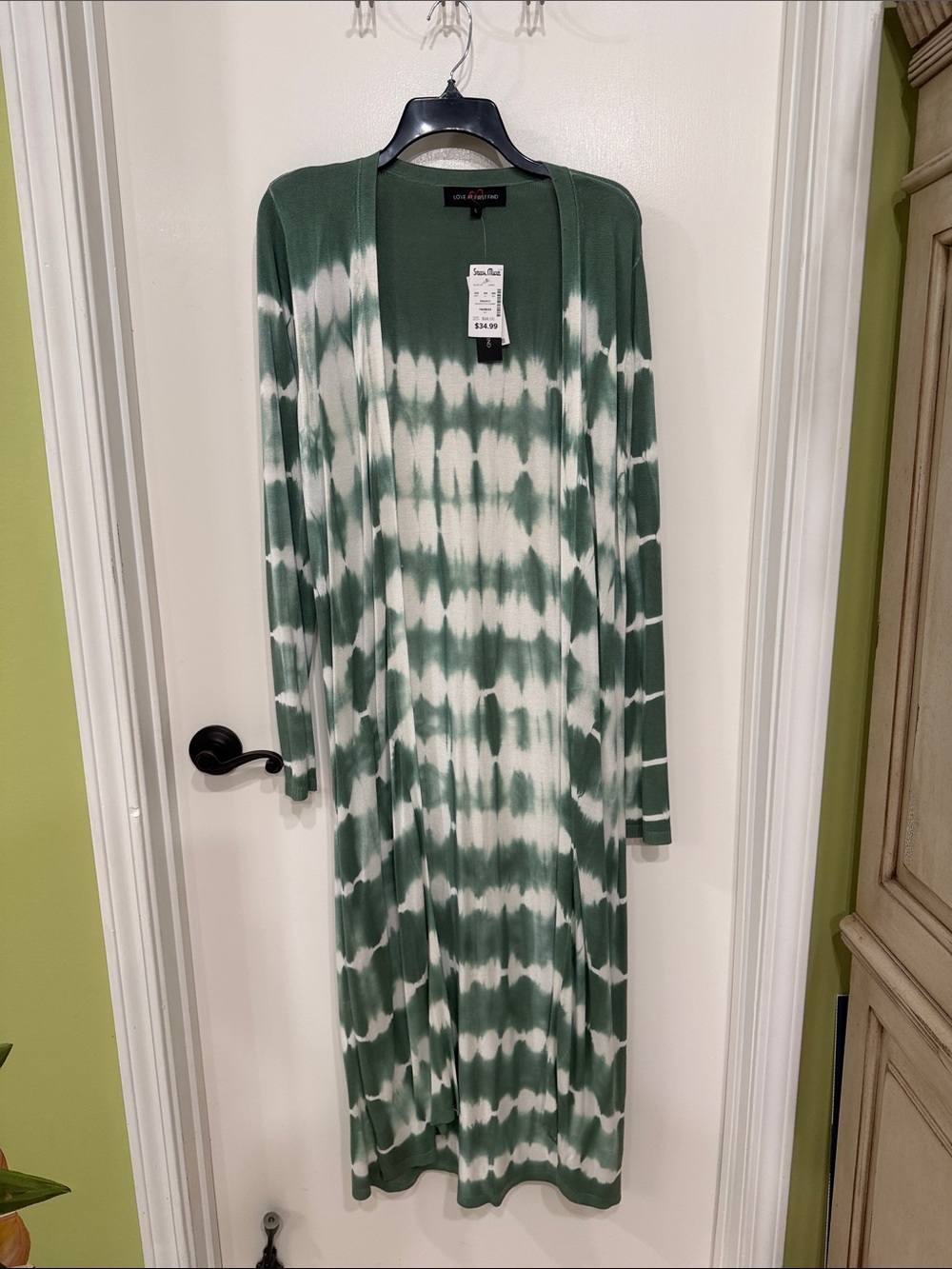 Long Open-Front Green and White Tie-Dye Cardigan Sweater